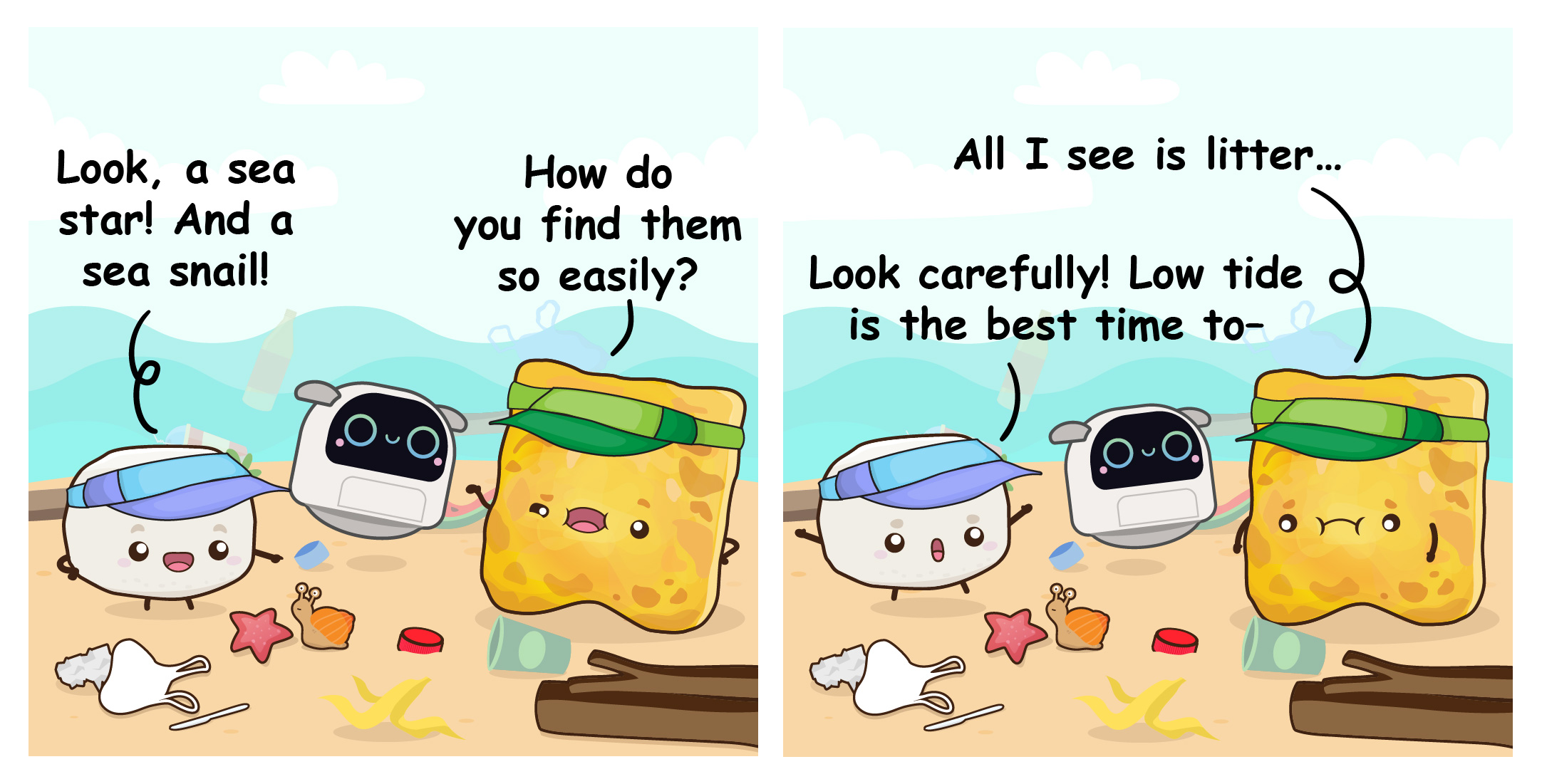 Two-panel comic where Bouncy points out marine life on a littered beach during low tide while Flip notices only the surrounding trash.